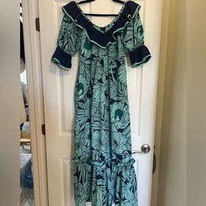 Tropical Floral Maxi Dress in Blue and Green